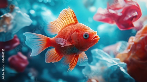 Mesmerizing and Captivating Close up View of a Bright Orange Goldfish Swimming Gracefully in a Colorful and Vibrant Underwater Aquarium Scene