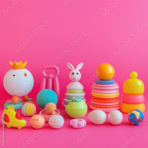 Colorful assortment of playful toys arranged on a vibrant pink background, perfect for children's playtime and creative learning.