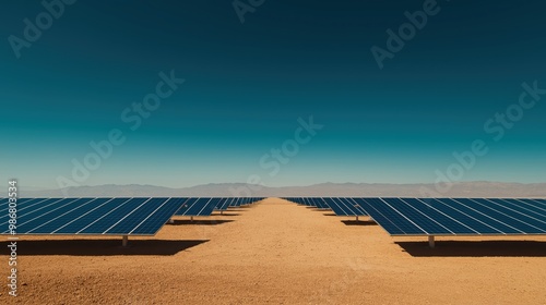 Panoramic view of a large scale solar energy farm with rows of photovoltaic panels installed in a remote desert environment under a clear blue sky photo