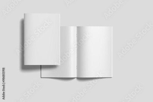 Blank cover and opened magazine mockup top view angle