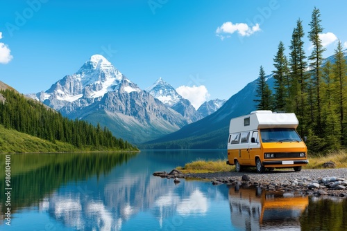 Fototapeta Naklejka Na Ścianę i Meble -  Stunning scenic mountain lake and campervan in the serene wilderness landscape  Pine forest rocky shore