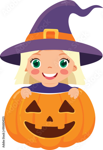 Halloween cartoon cute smiling little witch in a pumpkin costume with a witch hat