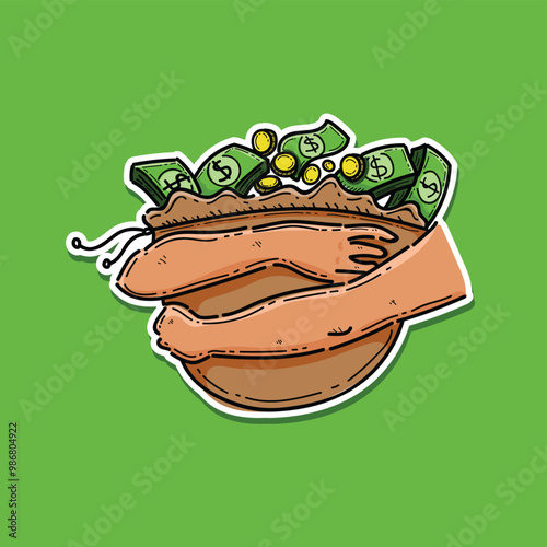 Hand full bag of money, sticker style vector illustration design isolated in a green background, business closeup, greedy people