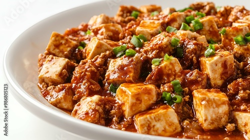 Close-up of Mapo Tofu with Ground Pork and Scallions.