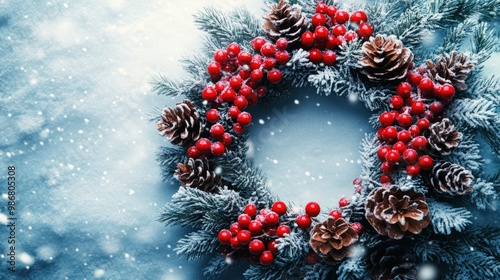 A Christmas wreath with red berries and pine cones on a snowy background.
