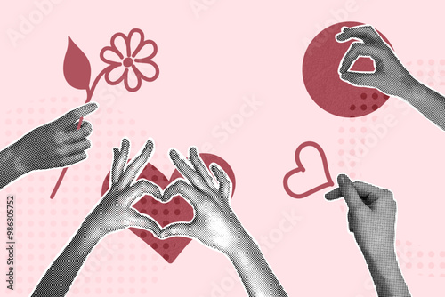 Modern halftone collage. Human hand and red heart. Concept of love, support, compassion, care