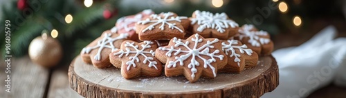 Delicious snowflake-shaped cookies with icing displayed on a wooden stand, perfect for holiday celebrations.