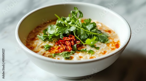 Delicious Vietnamese Mi Quang Noodle Soup with Chili and Cilantro photo