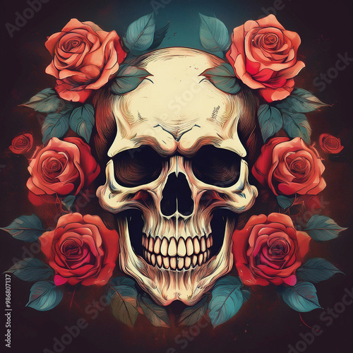 Retro image skull with roses, as a concept with space