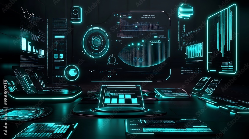 Obraz premium Futuristic cyberpunk workspace with glowing screens and data visualizations.