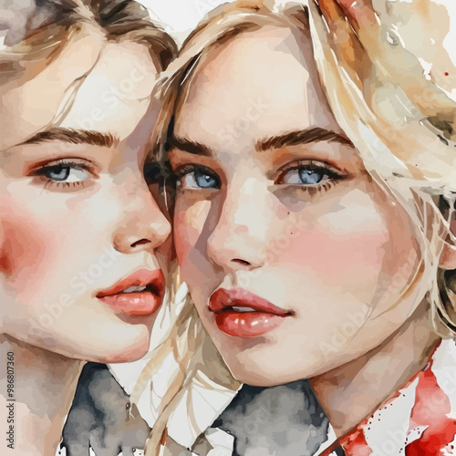 Illustration of two beautiful women staying together. Watercolor design. Gossip girl. Women's sisterhood concept. EPS version.