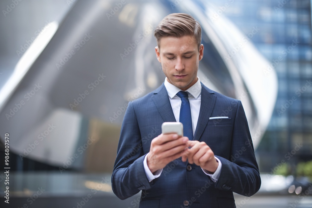 A photo of a businessman standing outdoors, wearing a sharp suit and tie. He has his eyes closed and is focusing on his smartphone. A photo of a businessman standing outdoors, wearing a sharp suit and tie. He has his eyes closed and is focusing on his smartphone.