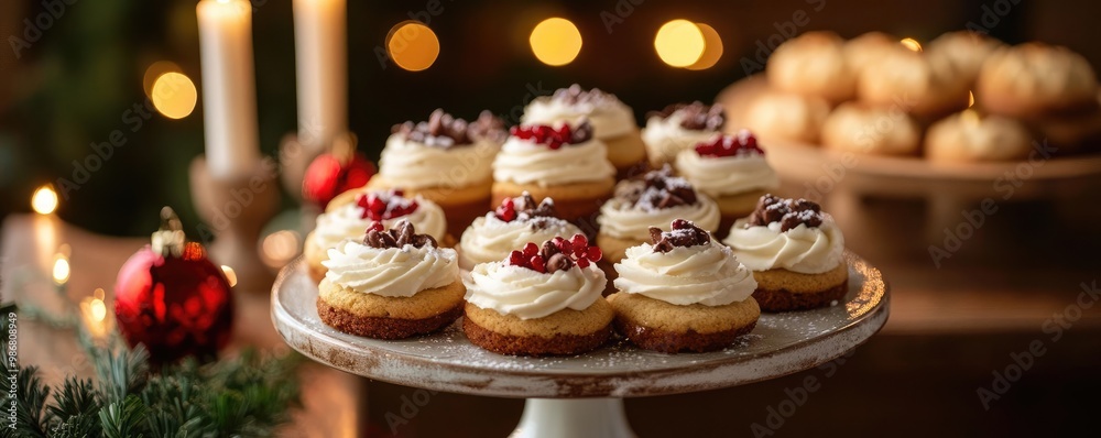 Delicious festive cupcakes with cream frosting, topped with berries, perfect for holiday celebrations and gatherings. Delicious festive cupcakes with cream frosting, topped with berries, perfect for holiday celebrations and gatherings.
