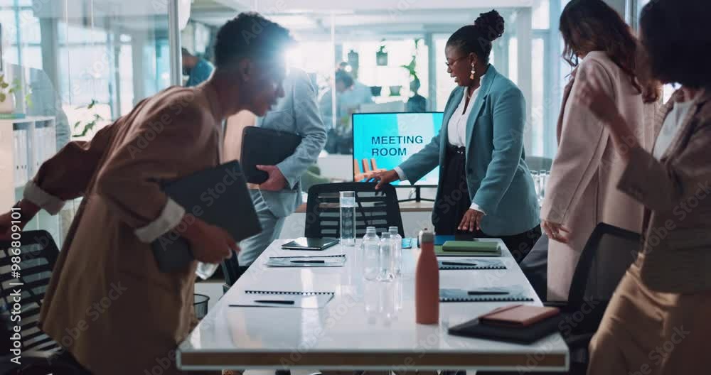 Ready, start or business people in meeting with paperwork, sales report or colleagues in workplace. Begin, enter or group of employees walking with teamwork, project or audit documents for planning