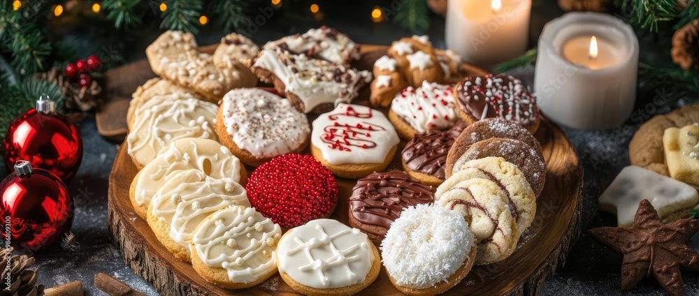 A beautifully arranged platter of festive holiday cookies decorated with colorful icing and sprinkles, ideal for Christmas celebrations. A beautifully arranged platter of festive holiday cookies decorated with colorful icing and sprinkles, ideal for Christmas celebrations.