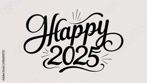 happy 2025 calligraphy lettering black ink on plain white background