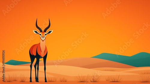 Graceful cartoon gazelle flat design top view desert theme animation triadic color scheme photo