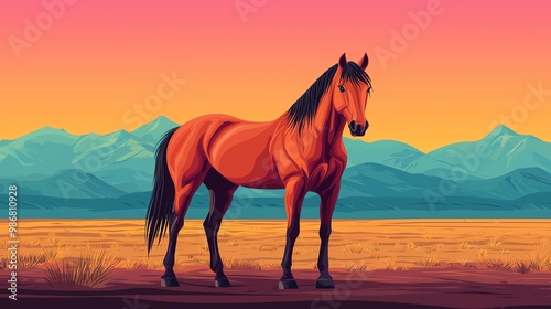 Gentle cartoon horse flat design front view ranch theme cartoon drawing vivid