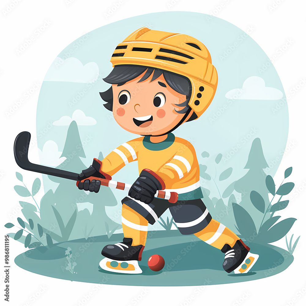 Fototapeta premium Cute Cartoon kid playing Hockey in field vector image