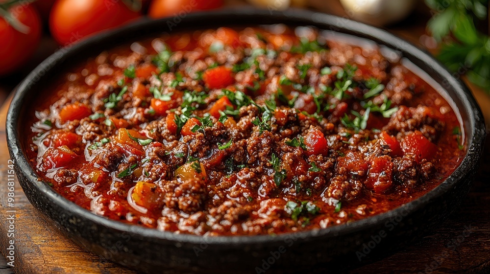 Close-up of Delicious Ground Beef Sauce with Tomatoes and Parsley Close-up of Delicious Ground Beef Sauce with Tomatoes and Parsley