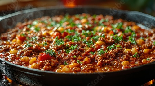 Close-Up of Steaming Chili Con Carne in a Cast Iron Skillet