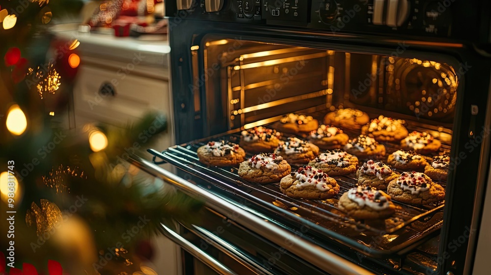 Warm and inviting Christmas cookies baking in the oven, adorned with festive decorations for the holiday season. Warm and inviting Christmas cookies baking in the oven, adorned with festive decorations for the holiday season.