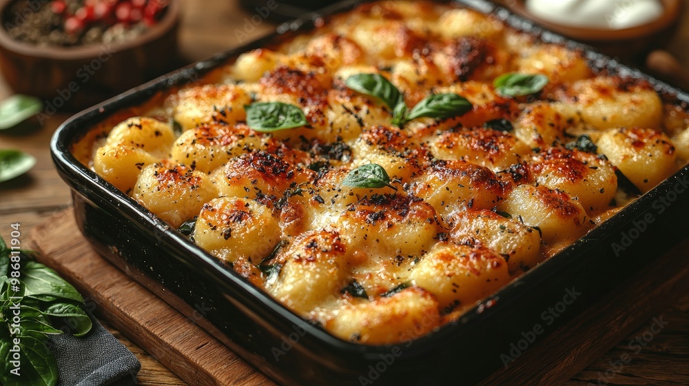 Baked Gnocchi with Spinach and Cheese in Black Baking Dish Baked Gnocchi with Spinach and Cheese in Black Baking Dish