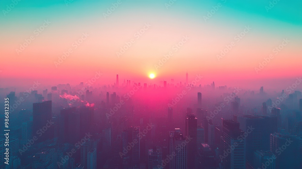 Fototapeta premium Cityscape at sunrise with hazy pink and blue sky.