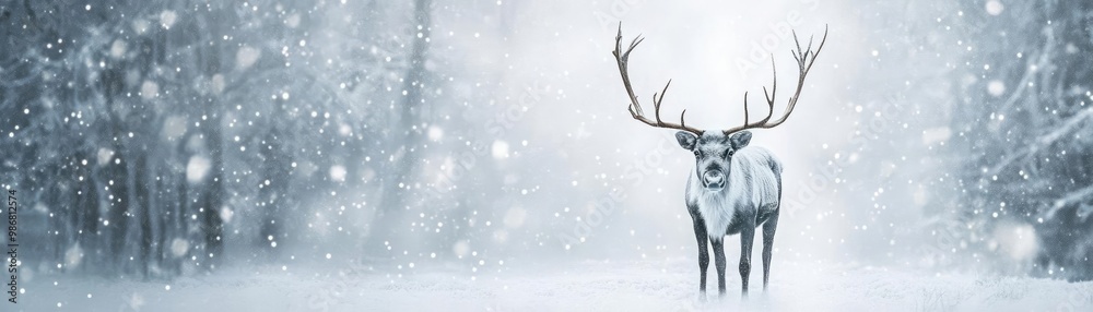 A majestic reindeer stands in a snowy landscape, showcasing its impressive antlers amidst a serene winter scene. A majestic reindeer stands in a snowy landscape, showcasing its impressive antlers amidst a serene winter scene.