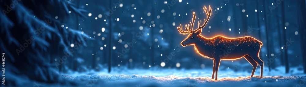 A majestic deer illuminated by soft light amidst falling snow in a serene winter forest, evoking a magical seasonal atmosphere. A majestic deer illuminated by soft light amidst falling snow in a serene winter forest, evoking a magical seasonal atmosphere.