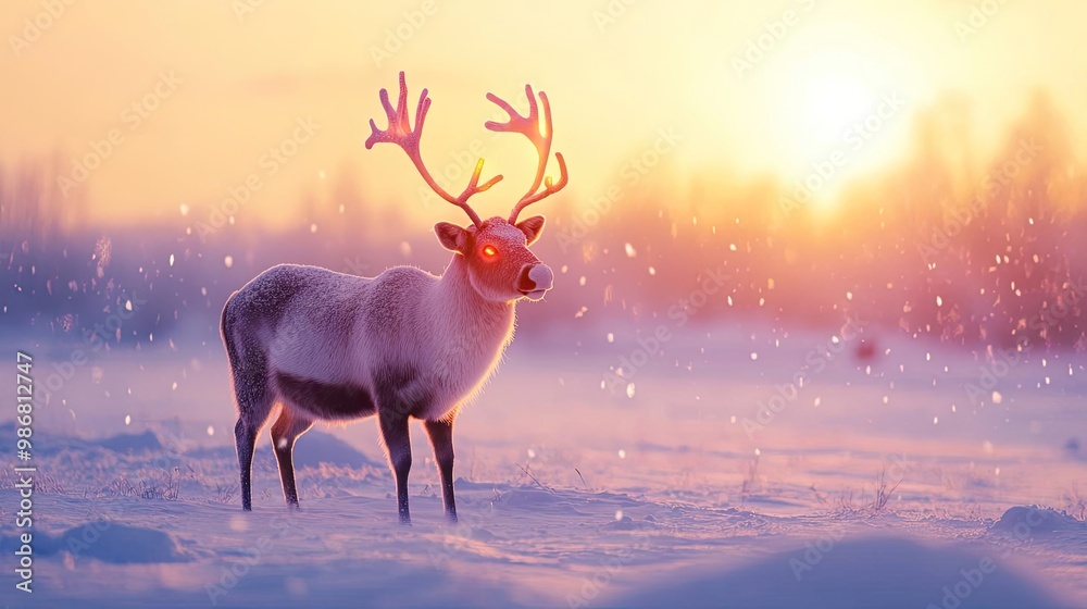A majestic reindeer stands gracefully in a snowy landscape at sunset, illuminated by soft, warm hues of the evening light. A majestic reindeer stands gracefully in a snowy landscape at sunset, illuminated by soft, warm hues of the evening light.