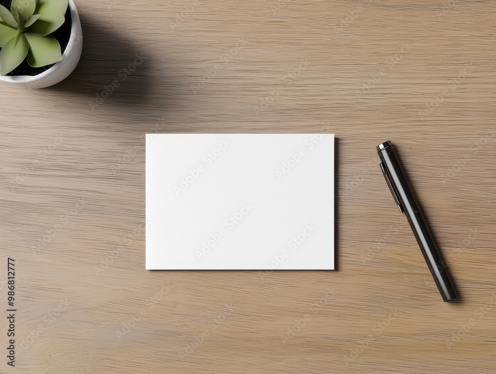 A blank card and pen on a wooden desk with a small plant, ideal for note-taking or creative inspiration. A blank card and pen on a wooden desk with a small plant, ideal for note-taking or creative inspiration.