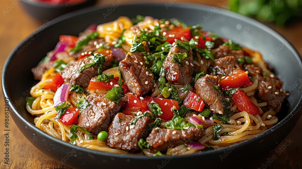 Beef Lo Mein with Vegetables and Sesame Seeds