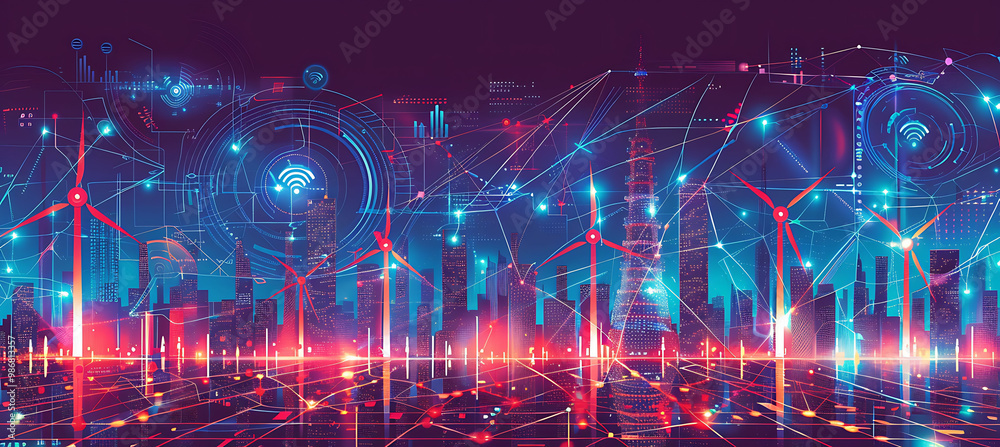 Obraz premium Smart energy solutions cities powered by AI where artificial intelligence manages energy grids optimizes consumption and integrates renewable energy sources for sustainable urban living