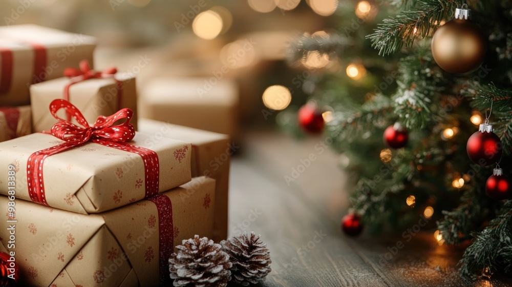 Stack of wrapped gifts with red ribbon under Christmas tree with lights and ornaments. Stack of wrapped gifts with red ribbon under Christmas tree with lights and ornaments.
