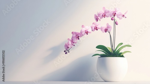 A cascading orchid plant with multiple blooms hanging over the edge of a modern white pot, set against a minimalist background.