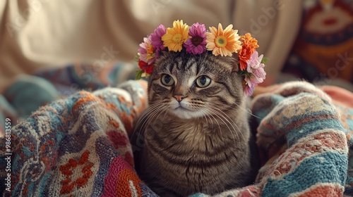 A cat sitting regally on a pile of blankets, with a crown of flowers on its head, creating a whimsical and artistic portrait in a bohemian setting. photo