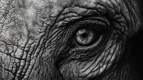 A close-up of an elephant eye, focusing on the deep, expressive lines and lashes, evoking a sense of wisdom and gentleness.