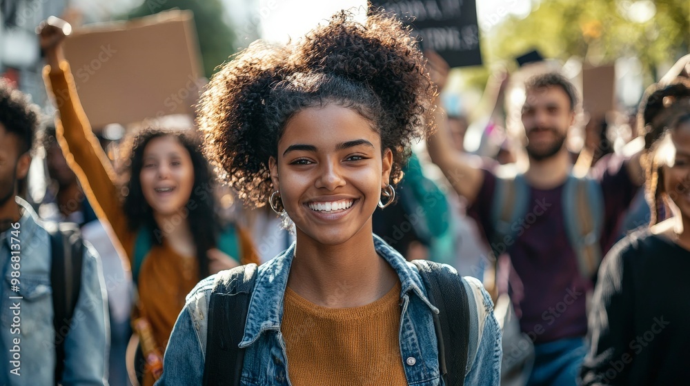 Young activist of different ethnic backgrounds leading a social justice march, with diverse supporters joining for equality and change Young activist of different ethnic backgrounds leading a social justice march, with diverse supporters joining for equality and change