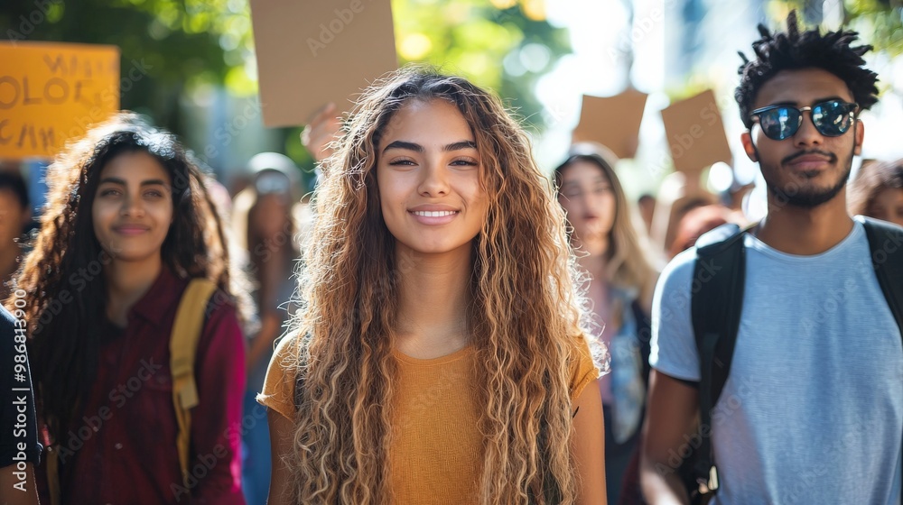 Young activist of different ethnic backgrounds leading a social justice march, with diverse supporters joining for equality and change Young activist of different ethnic backgrounds leading a social justice march, with diverse supporters joining for equality and change