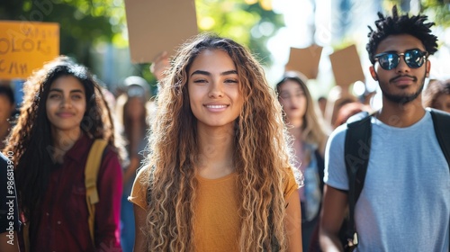 Young activist of different ethnic backgrounds leading a social justice march, with diverse supporters joining for equality and change photo