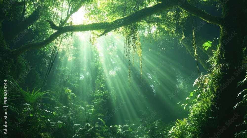 A lush, green rainforest scene with towering trees covered in moss, vines hanging from branches, and beams of sunlight piercing through the thick canopy. A lush, green rainforest scene with towering trees covered in moss, vines hanging from branches, and beams of sunlight piercing through the thick canopy.