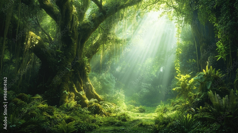 Obraz premium A lush, green rainforest scene with towering trees covered in moss, vines hanging from branches, and beams of sunlight piercing through the thick canopy.
