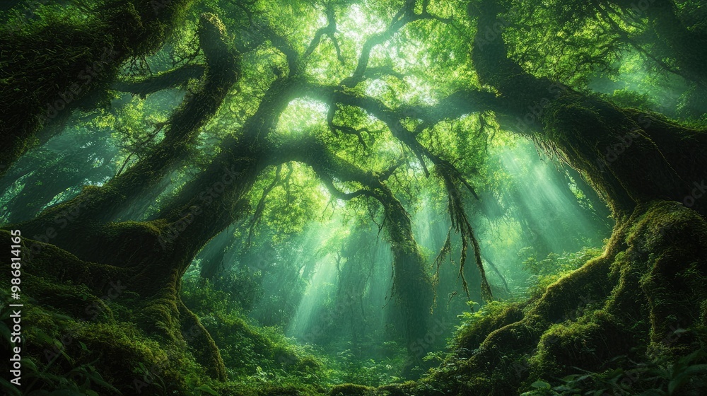 A lush, green rainforest scene with towering trees covered in moss, vines hanging from branches, and beams of sunlight piercing through the thick canopy. A lush, green rainforest scene with towering trees covered in moss, vines hanging from branches, and beams of sunlight piercing through the thick canopy.
