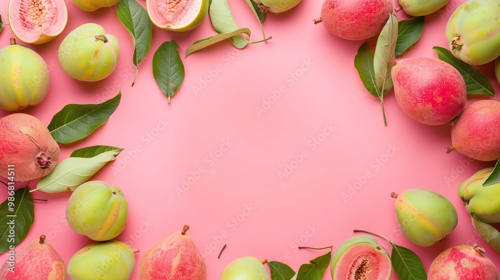 Flat lay circular arrangement of guava fruit for natural ingredient, copy space Flat lay circular arrangement of guava fruit for natural ingredient, copy space