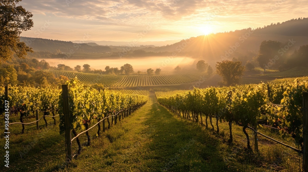 A peaceful view of a vineyard at dawn, with rows of grapevines stretching into the distance, bathed in soft morning light and mist rising from the fields. A peaceful view of a vineyard at dawn, with rows of grapevines stretching into the distance, bathed in soft morning light and mist rising from the fields.