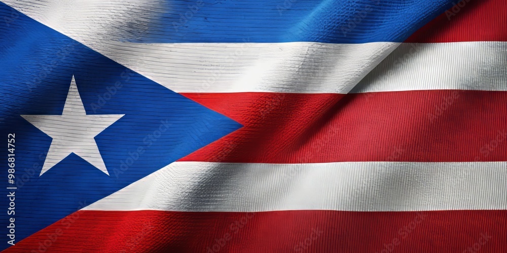The Cuban and Puerto Rican flags flutter together, their fabric textures rippling in the breeze as they stand The Cuban and Puerto Rican flags flutter together, their fabric textures rippling in the breeze as they stand