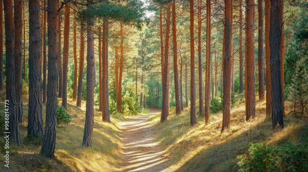 Obraz premium A scenic view of a dense forest with tall pine trees and a narrow path winding through, dappled sunlight filtering through the canopy.