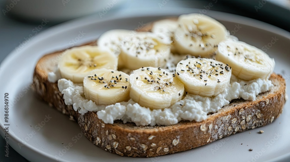 A delicious slice of oat bread topped with creamy cottage cheese and fresh banana slices, perfect for a nutritious breakfast. A delicious slice of oat bread topped with creamy cottage cheese and fresh banana slices, perfect for a nutritious breakfast.