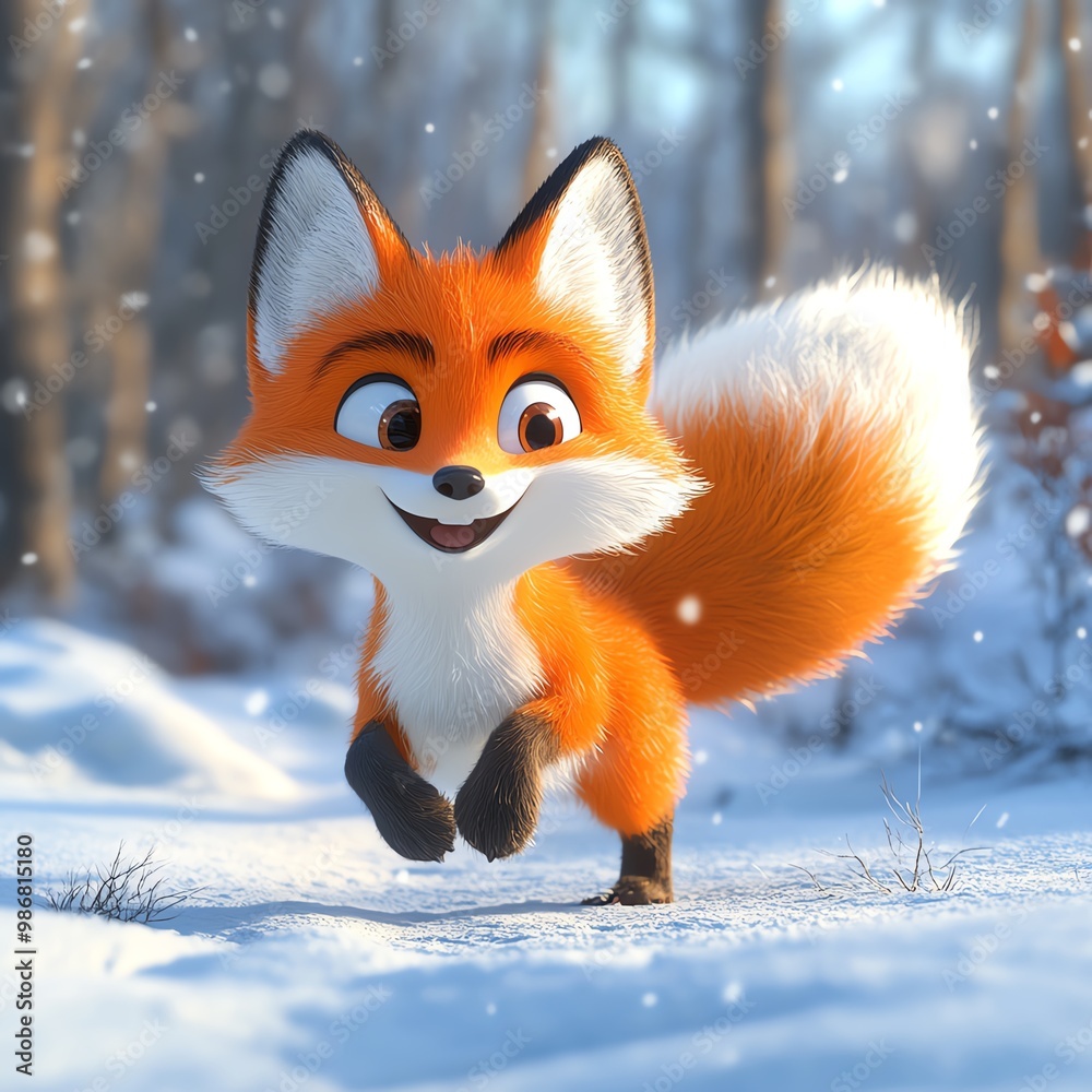 A cheerful cartoon fox joyfully running through a snowy landscape, capturing the essence of winter and playful adventure. A cheerful cartoon fox joyfully running through a snowy landscape, capturing the essence of winter and playful adventure.